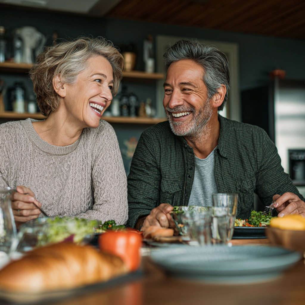 Cuplu de 55 de ani savurând o masă sănătoasă împreună, zâmbind fericiți la masa din bucătărie