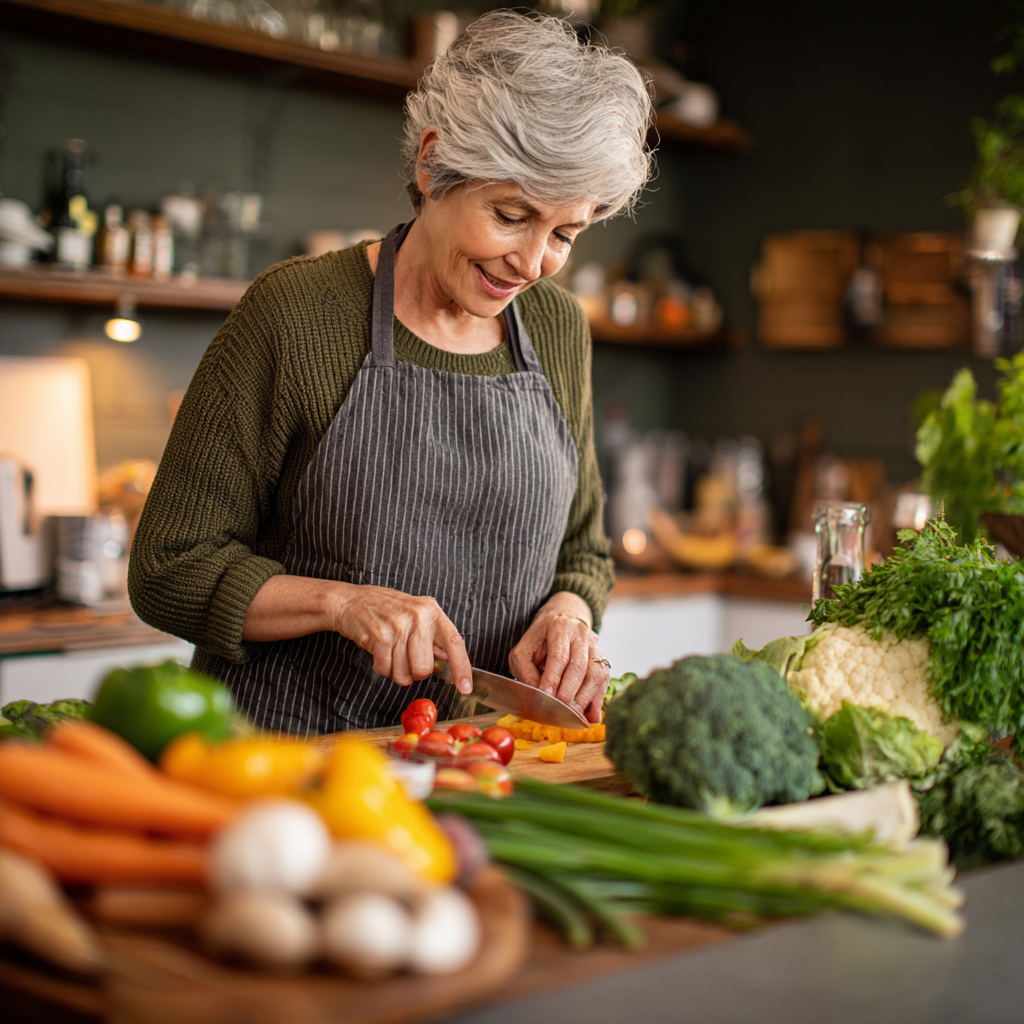 Femeie de 58 de ani preparând o masă sănătoasă în bucătărie, cu ingrediente fresh pe blat