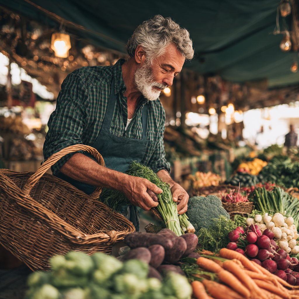 Bărbat de 62 de ani alegând legume proaspete la piață, cu un coș plin de produse sănătoase