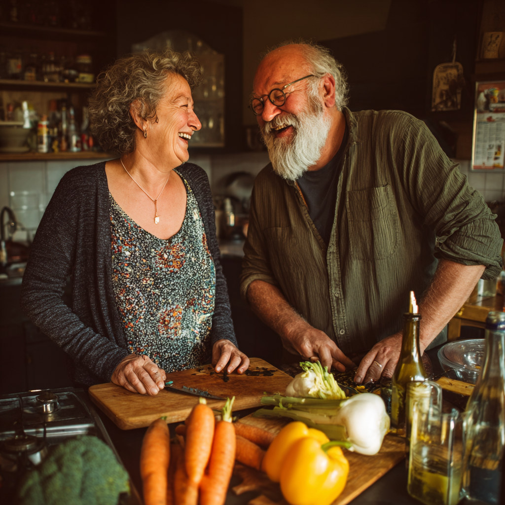 Cuplu de soți de 56 și 58 de ani gătind împreună o masă sănătoasă, râzând și colaborând în bucătărie